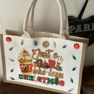 Festive White and Tan Tote Bag- Handmade Christmas Tote